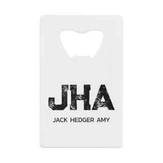 MINIMALIST BLACK THREE LETTER MONOGRAM NAME WHITE CREDIT CARD BOTTLE OPENER