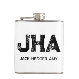 MINIMALIST BLACK THREE LETTER MONOGRAM NAME WHITE HIP FLASK