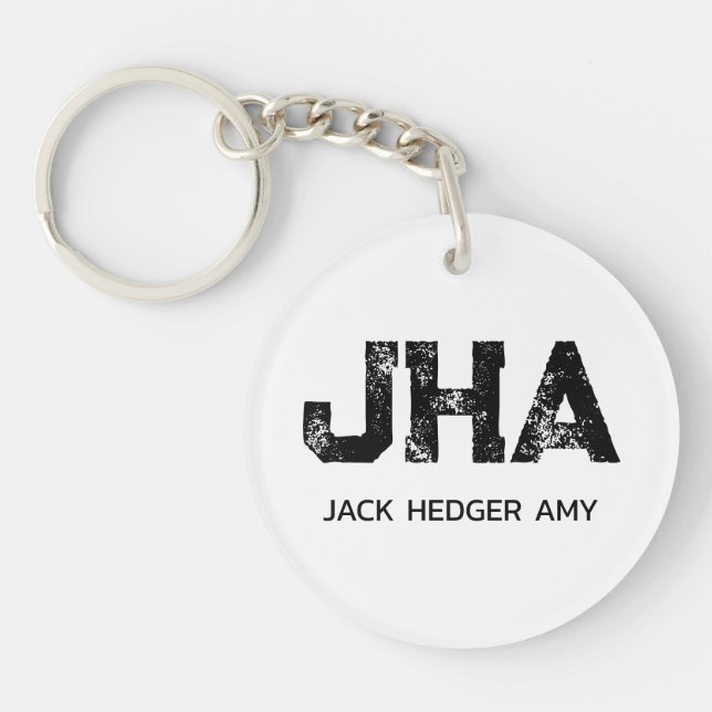 MINIMALIST BLACK THREE LETTER MONOGRAM NAME WHITE KEYCHAIN (Front)