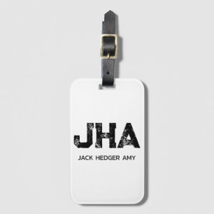 MINIMALIST BLACK THREE LETTER MONOGRAM NAME WHITE LUGGAGE TAG