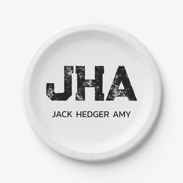 MINIMALIST BLACK THREE LETTER MONOGRAM NAME WHITE PAPER PLATE (Front)