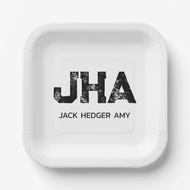 MINIMALIST BLACK THREE LETTER MONOGRAM NAME WHITE PAPER PLATE (Front)