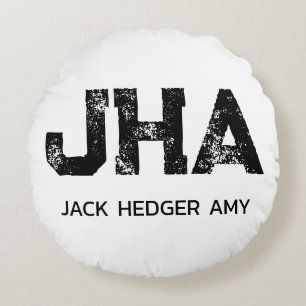 MINIMALIST BLACK THREE LETTER MONOGRAM NAME WHITE ROUND PILLOW