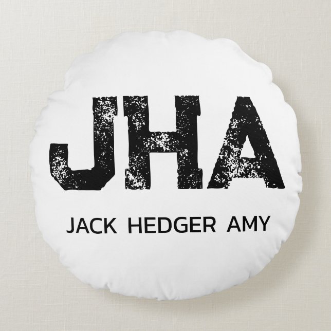 MINIMALIST BLACK THREE LETTER MONOGRAM NAME WHITE ROUND PILLOW (Front)