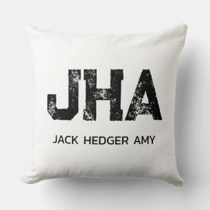 MINIMALIST BLACK THREE LETTER MONOGRAM NAME WHITE THROW PILLOW