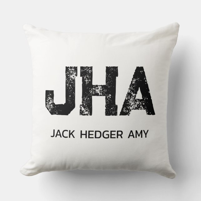 MINIMALIST BLACK THREE LETTER MONOGRAM NAME WHITE THROW PILLOW (Front)