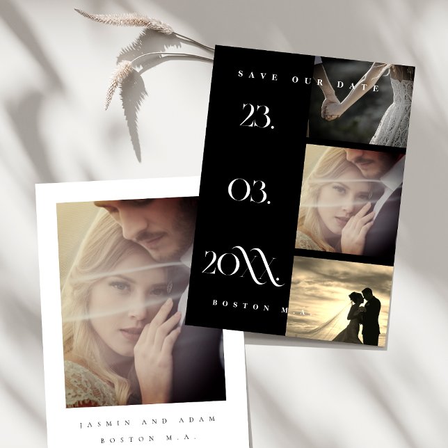 Minimalist Black Three Photo Wedding Save The Date (Minimalist Black Simple Script 3 Photo Wedding Save The Date)
