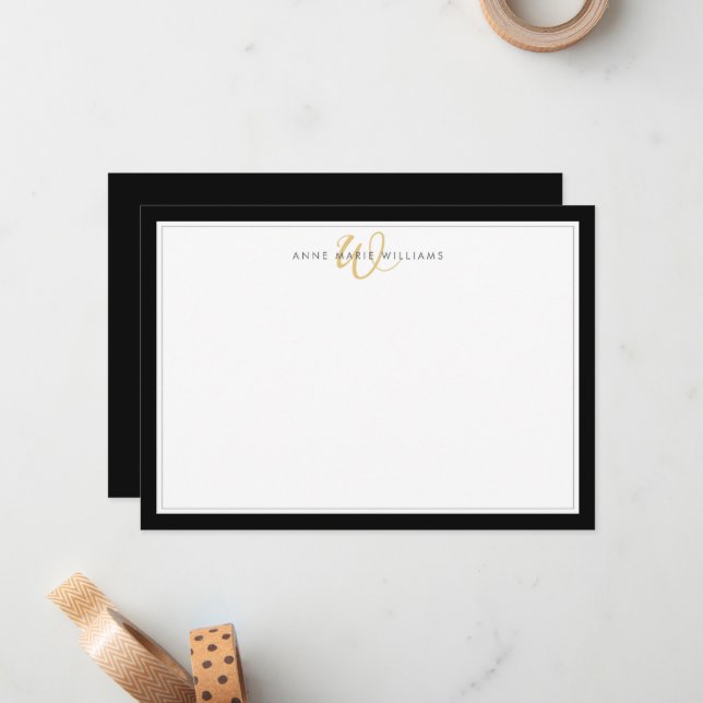 Minimalist Black Two Border Gold Monogram Card (Front/Back In Situ)