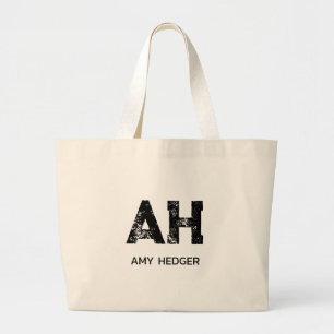 MINIMALIST BLACK TWO LETTER MONOGRAM NAME NATURAL LARGE TOTE BAG