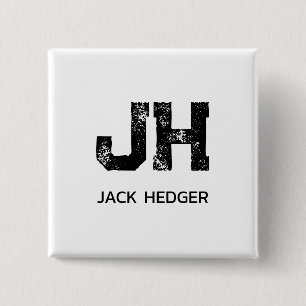 MINIMALIST BLACK TWO LETTER MONOGRAM NAME WHITE 2 INCH SQUARE BUTTON
