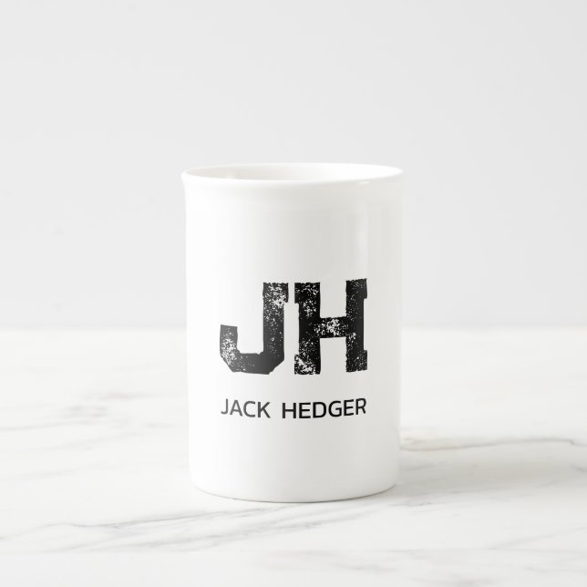 MINIMALIST BLACK TWO LETTER MONOGRAM NAME WHITE BONE CHINA MUG (Front)