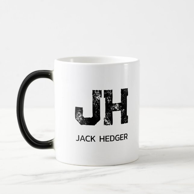 MINIMALIST BLACK TWO LETTER MONOGRAM NAME WHITE MAGIC MUG (Left)