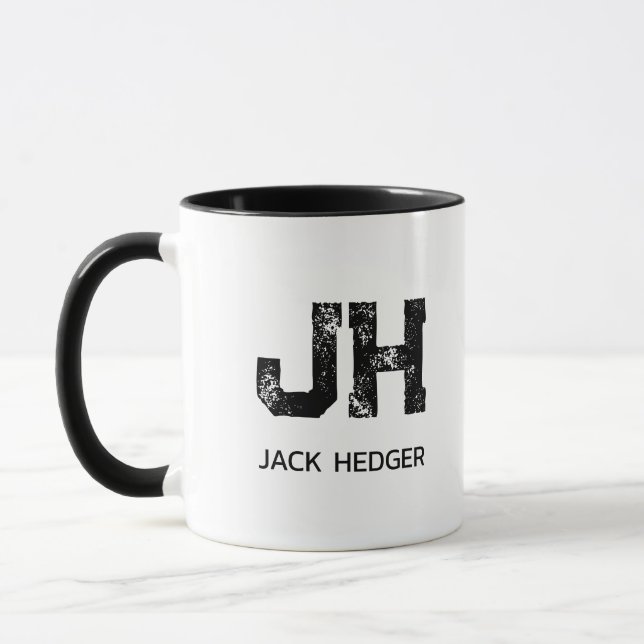 MINIMALIST BLACK TWO LETTER MONOGRAM NAME WHITE MUG (Left)