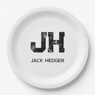 MINIMALIST BLACK TWO LETTER MONOGRAM NAME WHITE PAPER PLATE
