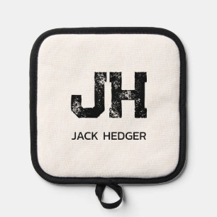 MINIMALIST BLACK TWO LETTER MONOGRAM NAME WHITE POT HOLDER
