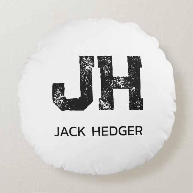 MINIMALIST BLACK TWO LETTER MONOGRAM NAME WHITE ROUND PILLOW (Front)