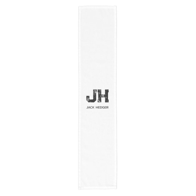 MINIMALIST BLACK TWO LETTER MONOGRAM NAME WHITE SHORT TABLE RUNNER (Front)
