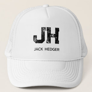 MINIMALIST BLACK TWO LETTER MONOGRAM NAME WHITE TRUCKER HAT