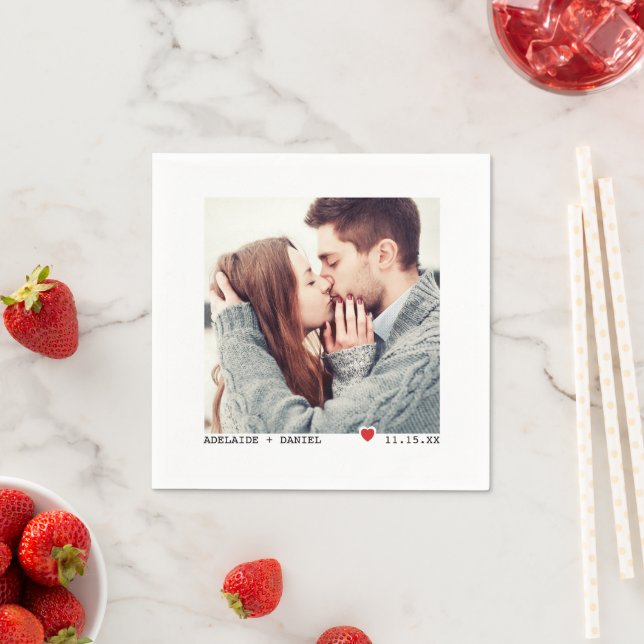 Minimalist Black Typing, Red Heart Wedding Photo Napkin (Insitu)
