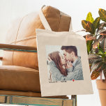 Minimalist Black Typography with Red Heart Photo Tote Bag<br><div class="desc">Upload your own photo to create a personalized tote bag. This bag has a simple,  minimalist style with black typewriter style lettering and red heart accent below your own square photo.</div>