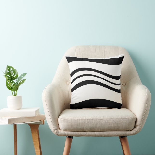 Minimalist Black Wavy Line Pattern White Throw Pillow (Chair)