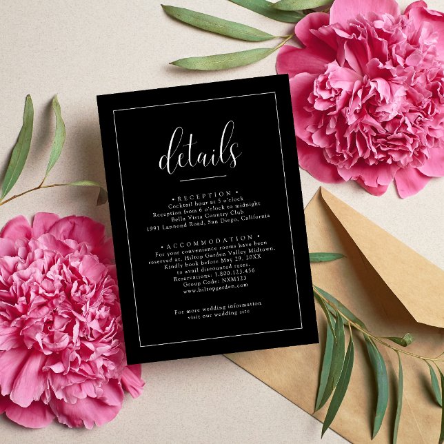 Minimalist Black Wedding Details Enclosure Card (Minimalist black details card keeps guests informed while adding a sleek wedding touch)
