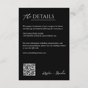 Minimalist Black Wedding Details QR Code Info Enclosure Card