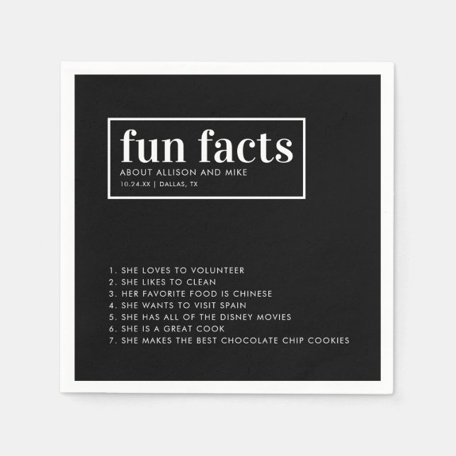 Minimalist Black Wedding Fun Facts Napkins (Front)