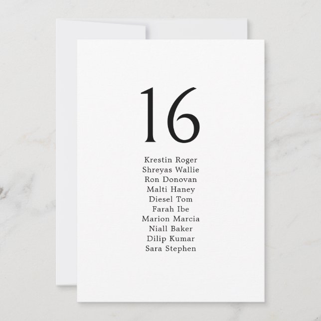 Minimalist Black Wedding Guest Seating Chart Card (Front)