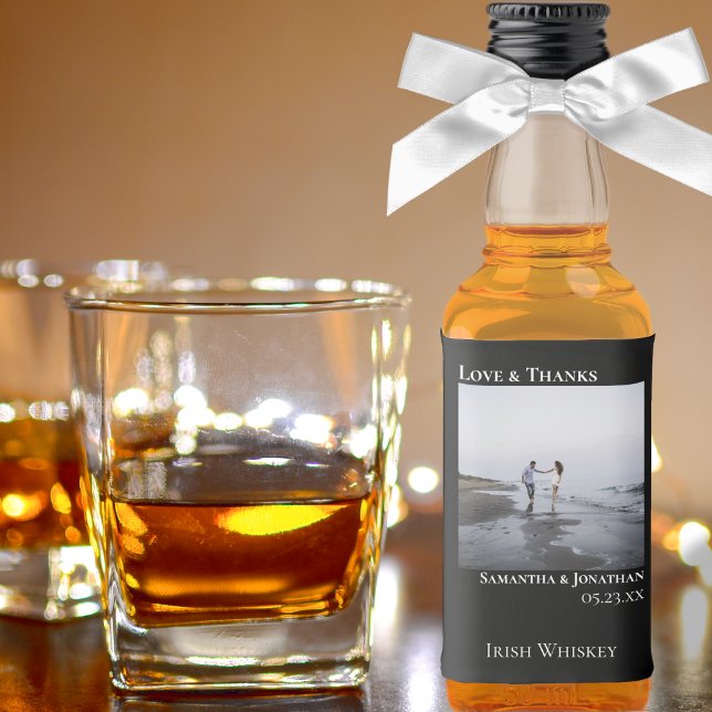 Minimalist Black Wedding Photo Love & Thanks Mini Liquor Bottle Label (Creator Uploaded)