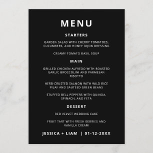 Minimalist Black Wedding Table Menu Cards