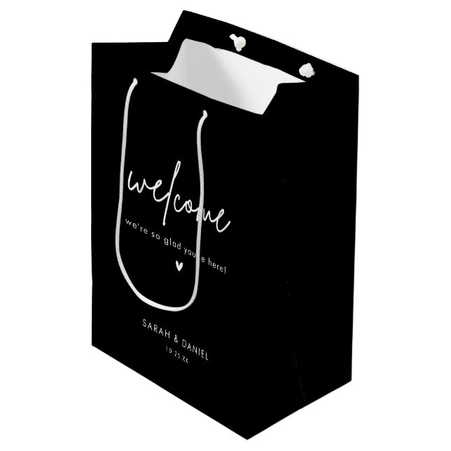 Minimalist Black Wedding Welcome Favours Medium Gift Bag (Front Angled)
