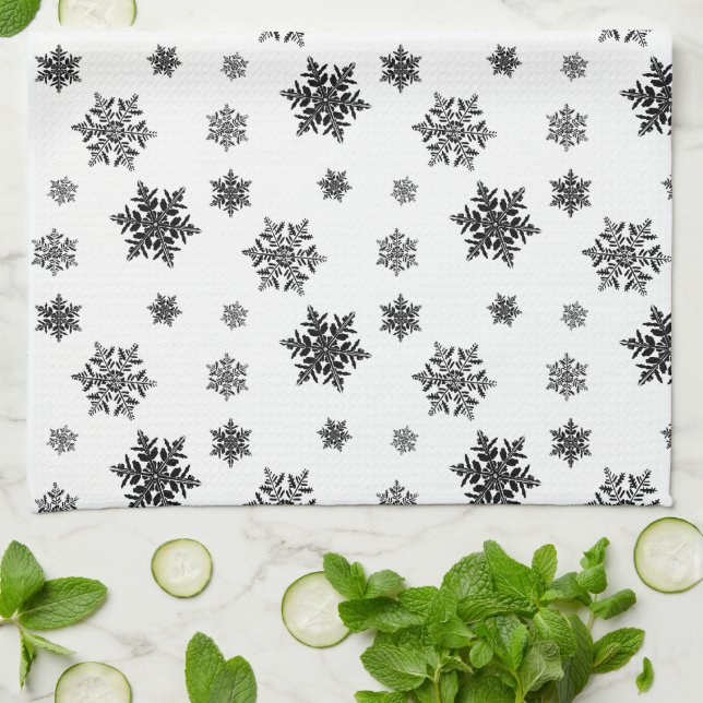 Minimalist Black Whimsical Snowflake Pattern  Kitchen Towel (Folded)