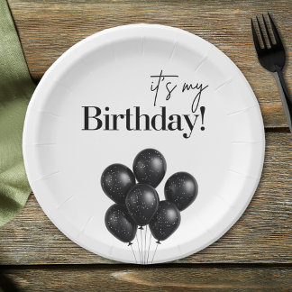Minimalist Black & White Balloon Birthday Party Paper Plate