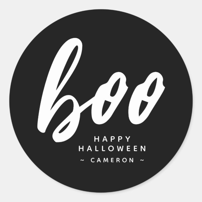 Minimalist Black White Boo Halloween Round Sticker (Front)