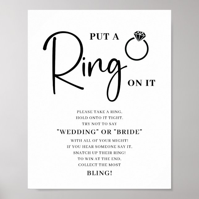 Minimalist Black White Bridal Shower Ring Game Poster (Front)