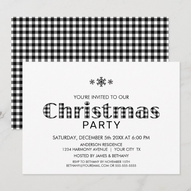 Minimalist Black White Buffalo Plaid Christmas Inv Invitation (Front/Back)