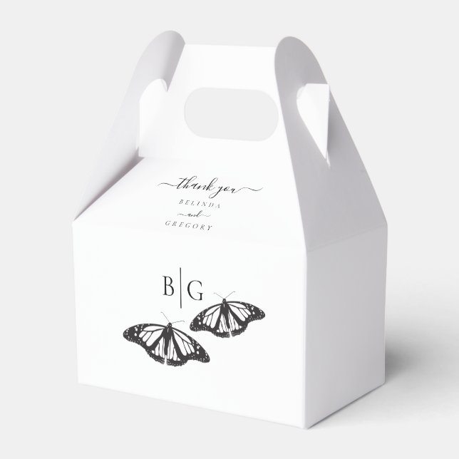 Minimalist Black White Butterfly Monogram Wedding Favor Box (Front Side)