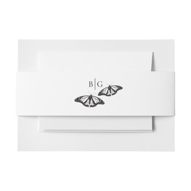Minimalist Black White Butterfly Monogram Wedding Invitation Belly Band (Front Example)