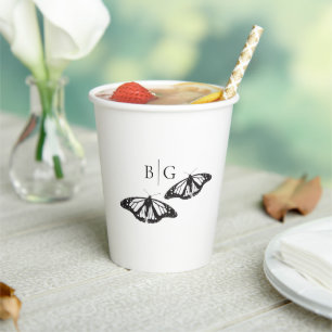 Minimalist Black White Butterfly Monogram Wedding Paper Cups