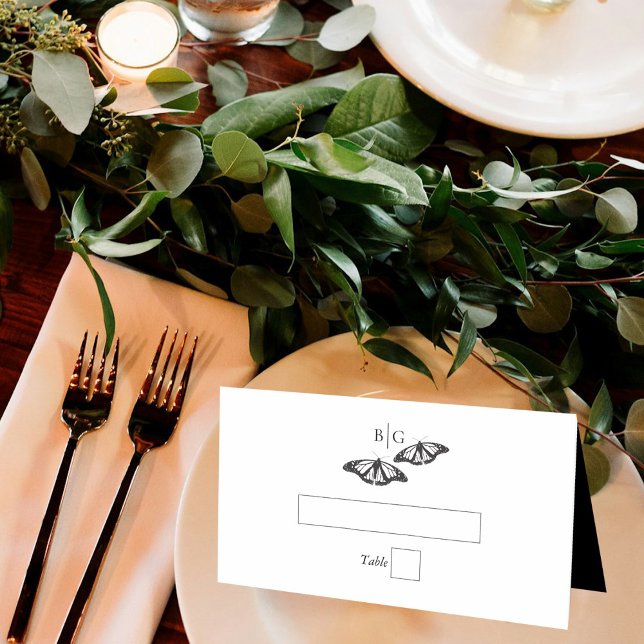 Minimalist Black White Butterfly Monogram Wedding Place Card (Minimalist Black White Butterfly Monogram Wedding Place Card)