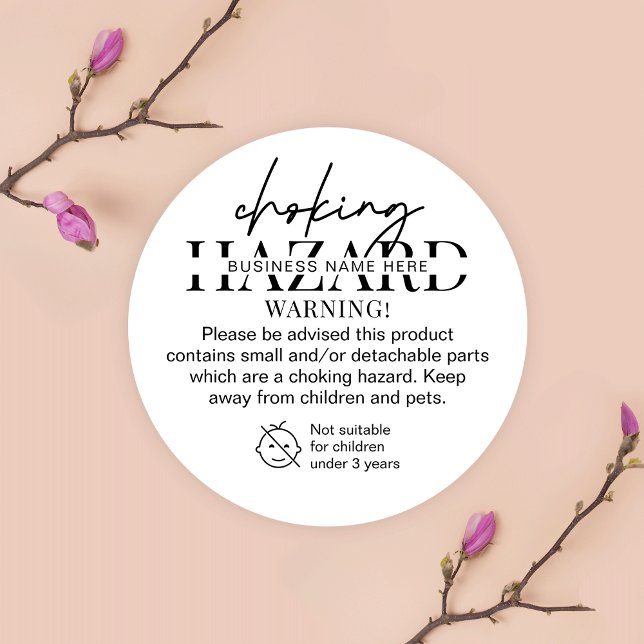 Minimalist Black & White Choking Hazard Warning Classic Round Sticker (Creator Uploaded)
