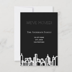 Minimalist black white city skyline we moved announcement