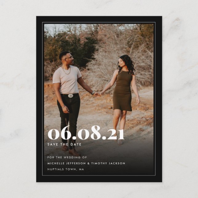 Minimalist Black White Custom Photo Save the Date Announcement Postcard (Front)