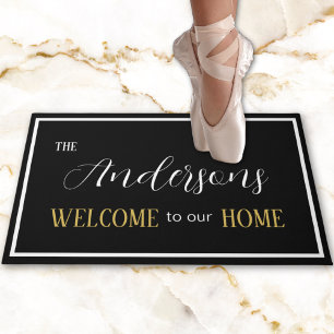 Minimalist Black White Elegant Script Family Name Doormat