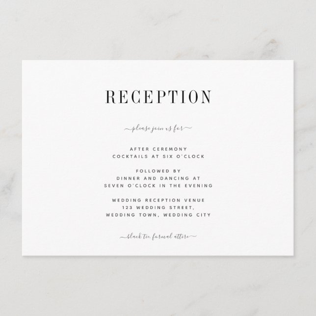 Minimalist Black & White Elegant Wedding Reception Enclosure Card (Front)