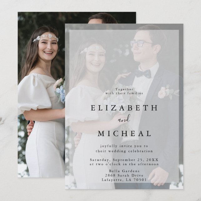 Minimalist Black & White Faux Vellum Photo Wedding Invitation (Front/Back)