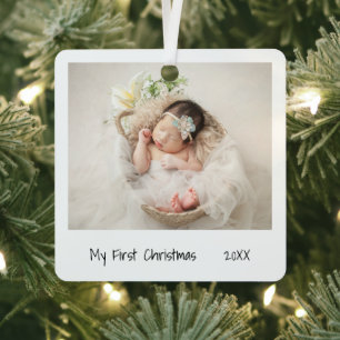 Minimalist Black White First Christmas Photo Baby Metal Ornament