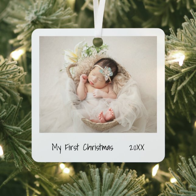 Minimalist Black White First Christmas Photo Baby Metal Ornament (Insitu)