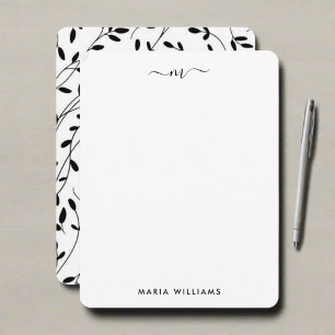 Minimalist Black White Floral Branch Monogrammed Card